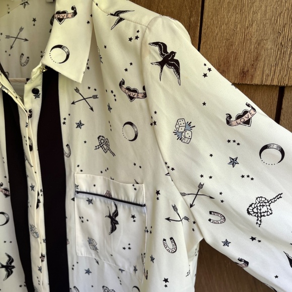 River Island Love Hearts Bierds Print Blouse 18( L ) Contrast Trim Long Sleeves - Picture 8 of 16